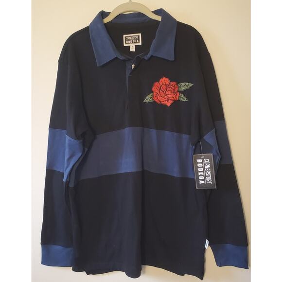Cornerstore Bodega Mens M Black Blue Rugby Polo Rose Embroidered Long Sleeve - Picture 1 of 9